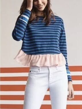 Deletta Navy & Light Pink Striped Ruffle Hem Long-Sleeve Top